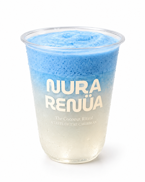 Coco Blue Cloud coconut water drink topped with blue spirulina coconut cloud by Nura Renüa