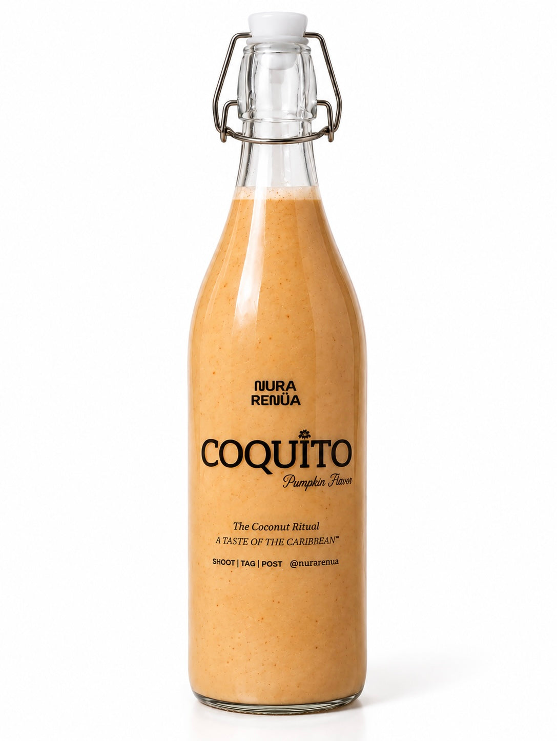 Pumpkin Coquito bottle, a traditional Puerto Rican coconut drink with pumpkin and warm fall spices by Nura Renüa